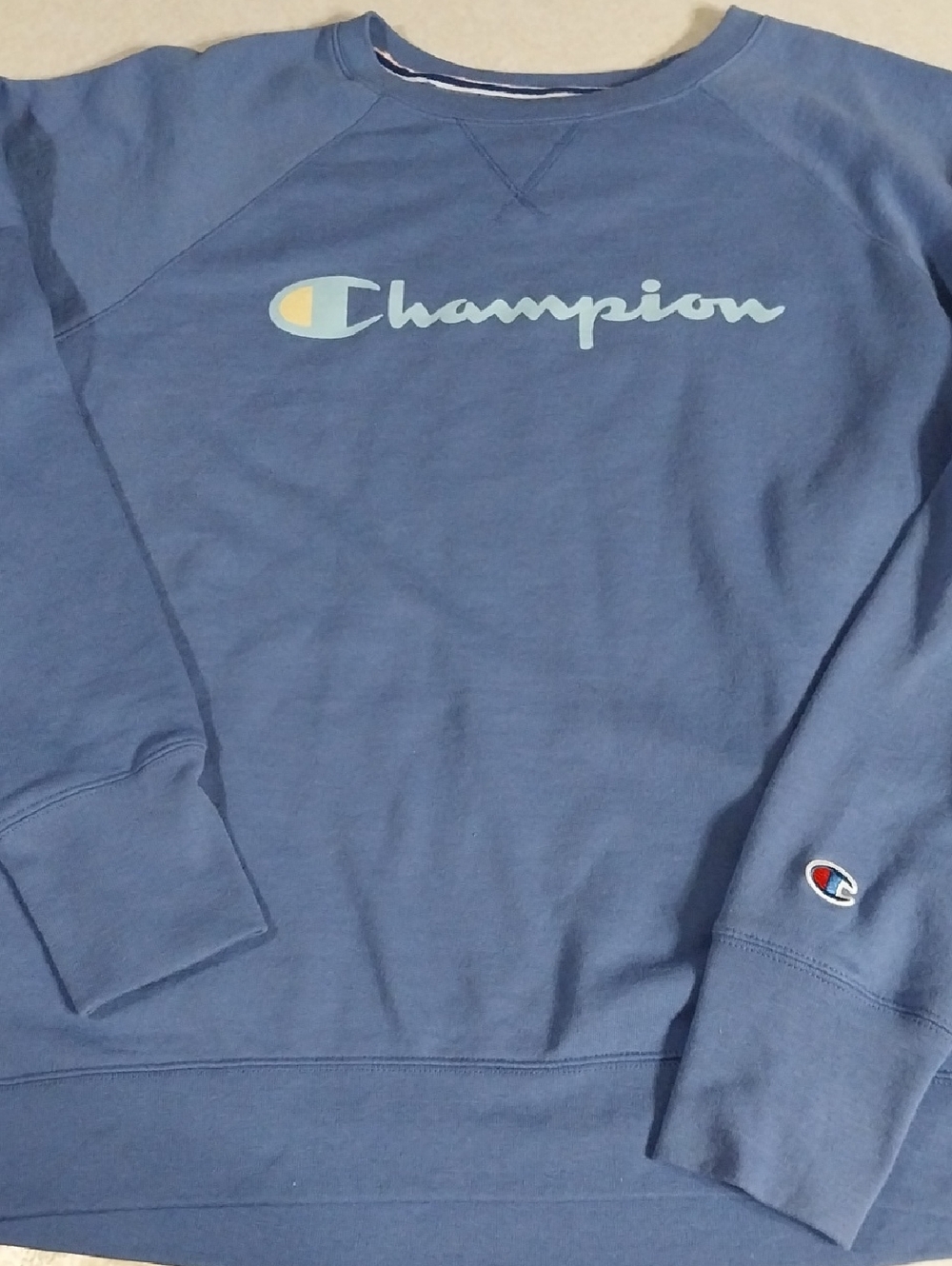 Champion Slate Blue Crewneck Sweatshirt with Light Blue & Yellow Logo